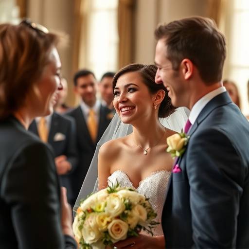 Fotografia espont√¢nea de um casamento, capturando um momento de alegria e emo√§√£o entre os noivos e seus convidados.